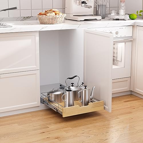 Pull Out Cabinet Organizer 20"W x 21"D Wood and Wire Storage Shelf
