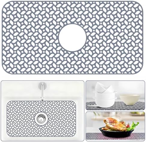 Silicone Sink Protectors for Kitchen Sink, 24.8"x12.9" Kitchen Sink Grid Accessory, Heat-Resistant, Non-Slip Silicone Grid Mat for Bottom of Stainless Steel & Farmhouse Sinks, Center Drain (Gray)