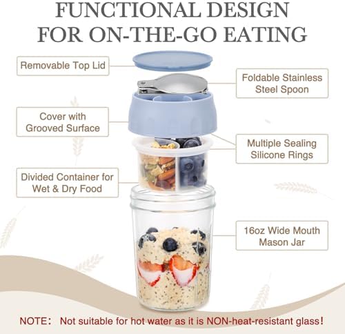 4 Pack Overnight Oats Containers with Lids, Folding Spoons and Divided Compartments for Fruit & Nuts, Small Glass 16oz Mason Jars for Oatmeal (4 Set-Oat White/Green/Rose/Blue)