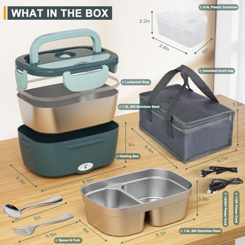 Electric Lunch Box Food Heater, Upgrade 100W High Power Portable Food Warmer, Heated Lunch Box for Adults Car/Home with 2 Removable Stainless Steel Container, 12V/24V/110V/220V
