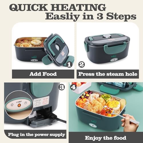 Electric Heated Lunch Box, 100W Fast Heating, 1.5L Food-Grade 304 Stainless Steel, 12V/24V/110V Portable Food Warmer for Car Truck Office Adults, Lonchera Electrica Portatil (Green)