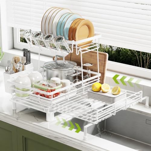 2-Tier Expandable Dish Drying Rack for Kitchen Counter, White