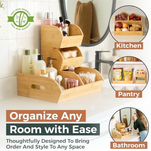 Potato and Onion Storage Bin, Stackable Bamboo Pantry Organizer and Storage
