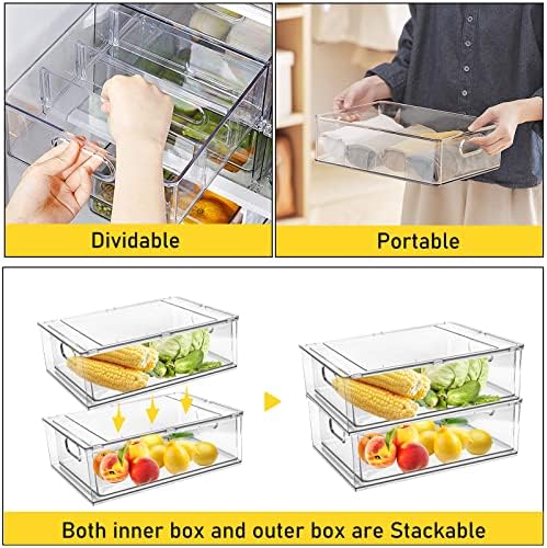 4 Pack Refrigerator Organizer Bins with Pull-out Drawer Stackable Clear Fridge Drawer Organizer Fruit Vegetable Storage Containers for Kitchen Pantry Organization (2 Large+2 Small)