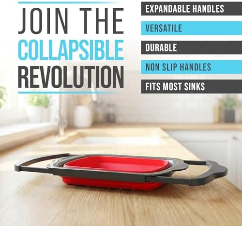 Red Collapsible Silicone Over-Sink Colander – 6 Qt – Extendable