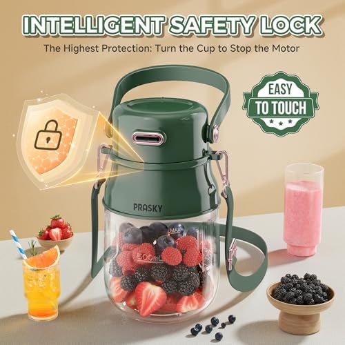 Portable Blender, Prasky Personal Blenders for Shakes and Smoothies with 27oz Cup, Lid and Shoulder Strap, Type-C USB Rechargeable, Personal Size Blenders BPA-free for Travel/Kitchen(Green) - Image 2