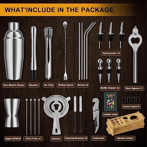 30pcs Mixology Bartender Kit with Stand, 25oz Bar Set Cocktail Shaker Set, Professional Bartending Kit Home Bar Tools Set Bar Accessories