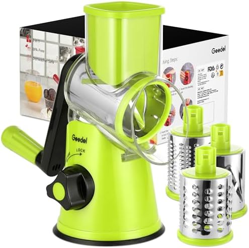 Geedel Rotary Cheese Grater, Kitchen Mandoline Vegetable Slicer with 3 Interchangeable Blades, Easy to Clean Rotary Grater Slicer for Fruit, Vegetables, Nuts by Geedel