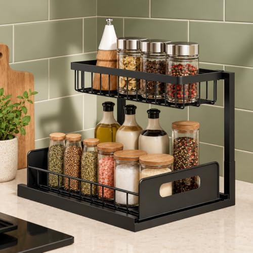 Under Sink Organizer, 2-Tier Pull-Out Kitchen Bathroom Storage Rack, Black