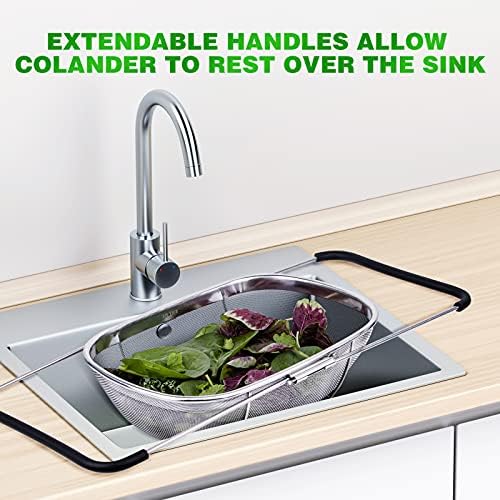 6-Quart Large Over The Sink Colander, Heavy Duty 40% Thicker 18/8 Stainless Steel Fine Mesh Strainer Basket with Expandable Rubber Grip Handles - Strain, Drain, Rinse Fruits, Vegetables