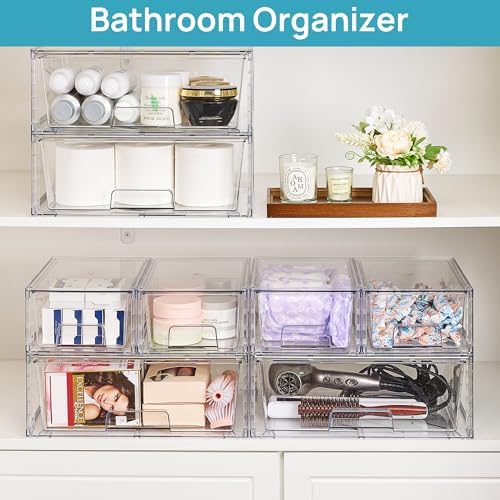 Clear Stackable Storage Drawers, 3 Pack Wide Organizer Set
