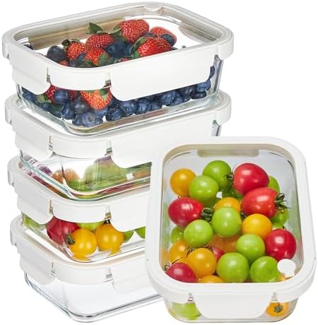 5 Pack Glass Food Storage Containers with Glass Lids & Air Vent