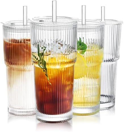 4 Pack Glass Cups with Lids and Straws, 20oz, Ribbed Pattern