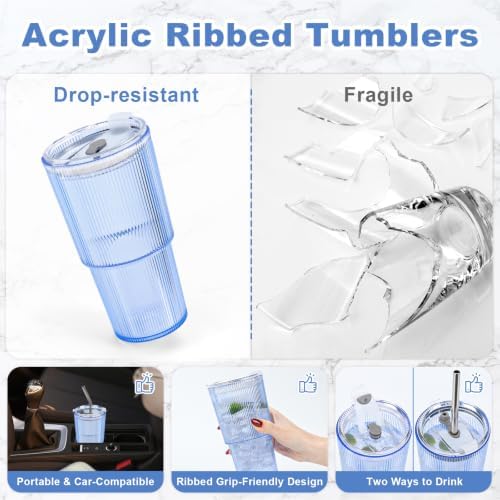 4 Pcs 20oz Plastic Ribbed Tumblers with Lid and Straws Blue Plastic Reusable Iced Coffee Cups with Lid Unbreakable Vintage Ribbed Drinking Glasses Tumbler for Juice Smoothie Beverage with Clean Brush