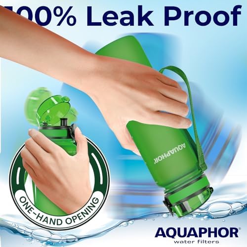 Filtered Water Bottle, Leakproof, BPA-Free, Motivational Markings, Travel, Everyday Use. 40-Gallon Filter, Replaces 300 Plastic Water Bottles. Includes 1 Filter, 22 FL Oz, Green by Aquaphor