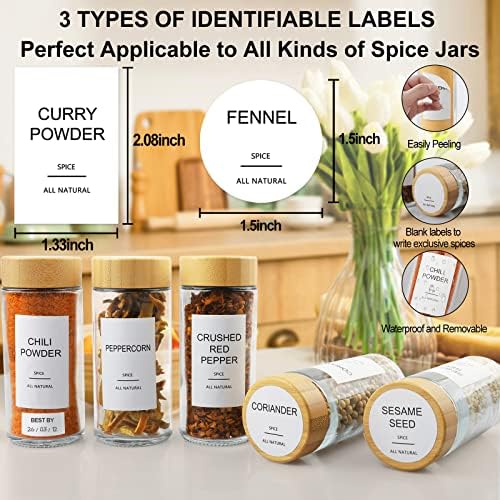 Glass Spice Jars with 398 Labels-4oz 24 Pcs,Round Seasoning Jars with Bamboo Airtight Lids,Spice Container Set -Shaker Lids, Funnel,Brush and Marker Included