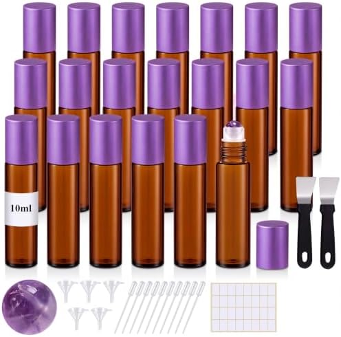 20 Pack Glass Roller Bottles for Essential Oils, 10ml, Purple, Amethyst by Domensi