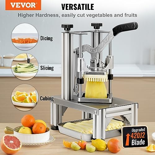Commercial French Fry Cutter with 4 Replacement Blades, 1/4" and 3/8" Blade Easy Dicer Chopper, 6-wedge Slicer and 6-wedge Apple Corer, Lemon Potato Cutter for French Fries with Extended Handle