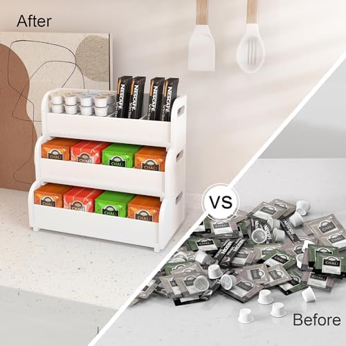 3-Tier Bamboo Tea Box Rack with Removable Dividers, Wall Mount Large Capacity for Pantry Drawer Cabinet Kitchen Office Coffee StationTea Bag Organizer, Stackable Tea Holder for Countertop, White