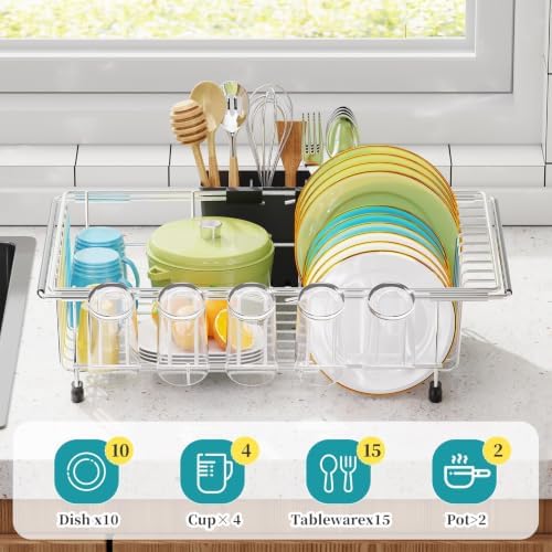 Adjustable Dish Drying Rack in Sink with Utensil Holde