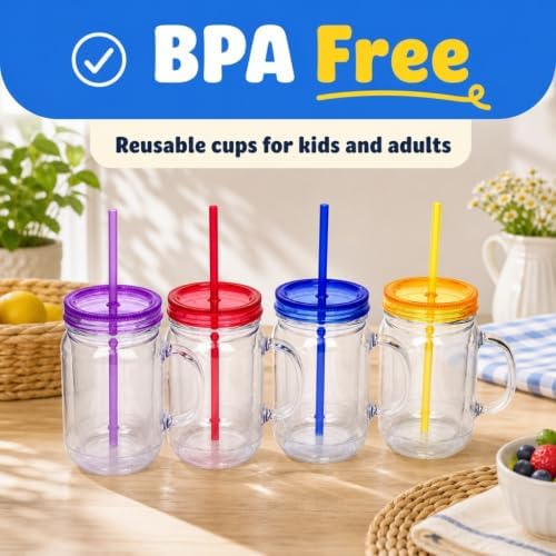 Plastic Mason Jars with Handles, Lids and Straws | 20 oz Double Insulated Tumbler with Straw | 4 Pack Set of 4 | Wide Mouth Mason Jar Mugs | Cups for Kids and Adults…