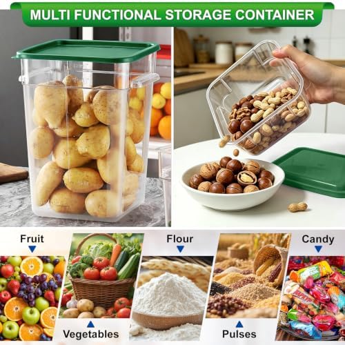4Pack - 4QT Food Storage Containers with Lids & Handles, Polycarbonate Clear Airtight Food Container with Scale Marks for Bread Proofing, Flour, Commercial Grade, Restaurant & Kitchen, Square, Green
