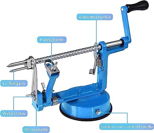 Apple Peeler, Slicer Corer Potato Peelers 3 In 1, Stainless Steel Heavy Duty with Suction Cup Base (Blue)