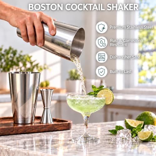 8 Pcs Cocktail Shaker Boston Shaker Set Professional Bartender Kit Bar Stainless Steel Drink Shaker Bartending Martini Tin with 18oz & 28oz Mixed Alcohol Tool for Beginner(Silver)