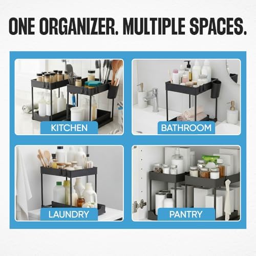Undersink Organizer, 2-Tier Under Sink Storage Rack with Sliding Drawers for Kitchen Bathroom Cabinets, Pull Out Organizer for Pantry, Laundry Room & Closet Organization - 2 Pack, Black