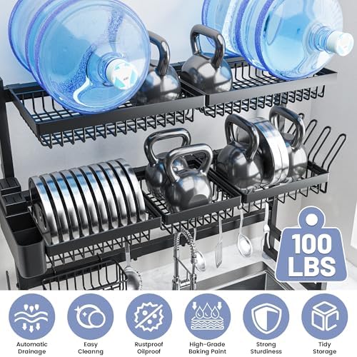 Over The Sink Dish Drying Rack (Expandable Height and Length) Snap-On Design 2 Tier Large Dish Rack 31-39.4L x 12W x 34-38H inches