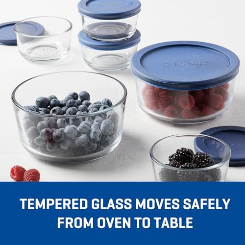 12 Piece Glass Storage Containers with Lids (6 Glass Food Storage Containers & 6 Navy Blue SnugFit Lids)