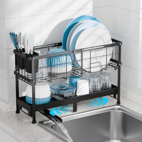 Narrow 2 Tier Dish Drying Rack - Expandable for Small Kitchens & RVs