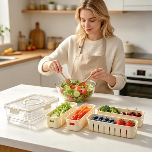 Veggie tray with lid for fridge, Produce Saver Bin with Lid & Handle