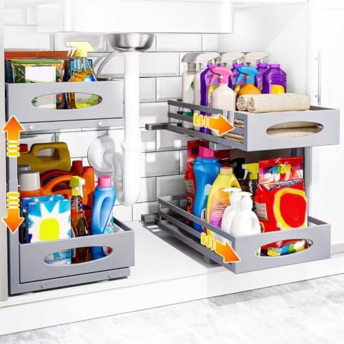 Under Sink Organizer, 2 Tier Under Sink Organizers and Storage, Adjustable Height, Slide out Metal Cabinet Organizers, Pull out Cabinet Storage Drawer Shelf for Kitchen Bathroom (Gray, 2 Pack)