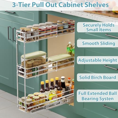 Pull Out Spice Rack Cabinet Organizer 5" W x 20½" D, 3 Tier Heavy Duty Slide Out Wood Shelf for Narrow Cabinet, Pull Out Storage for Kitchen