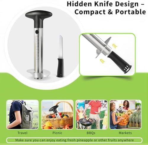 Pineapple Corer and Slicer with Measurement Marks – Stainless Steel Pineapple Cutter for Perfect Pineapple Rings & Effortless Cutting (Black)