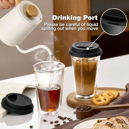 2 Packs Double Walled Glass Coffee Mugs with Silicone Lids, 12 OZ Reusable Glass Coffee Cups, Insulated Coffee Mugs, Cappuccino,Tea,Latte,Iced Coffee Cups, Glass Travel Mug, Heat Resistant