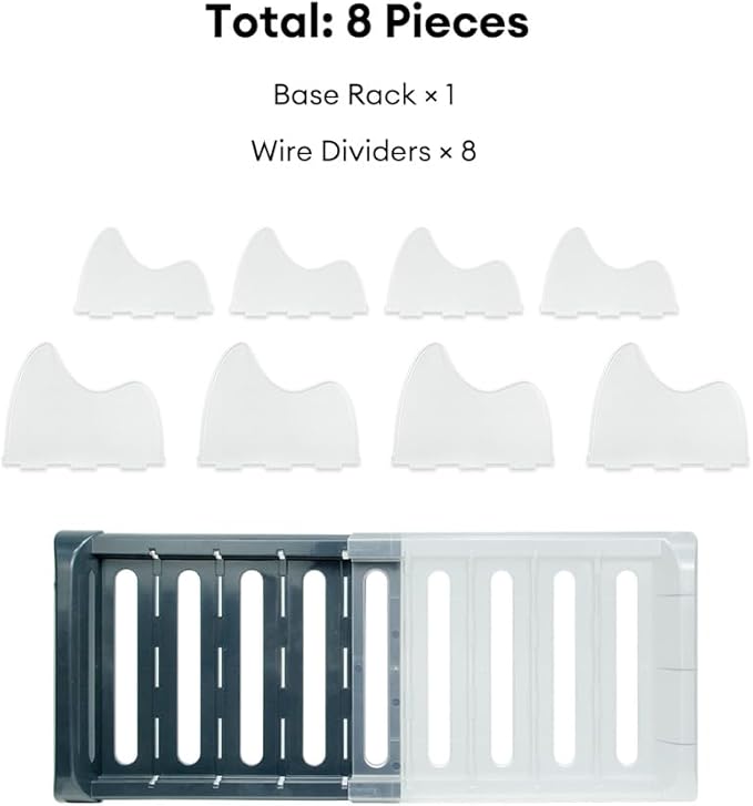 Expandable Pot and Pan Organizer Rack for Cabinet, Adjustable 35-58cm Kitchen Cabinet Organizer with 8 ABS Dividers for Lids, Cutting Boards, Bakeware, Dark Gray