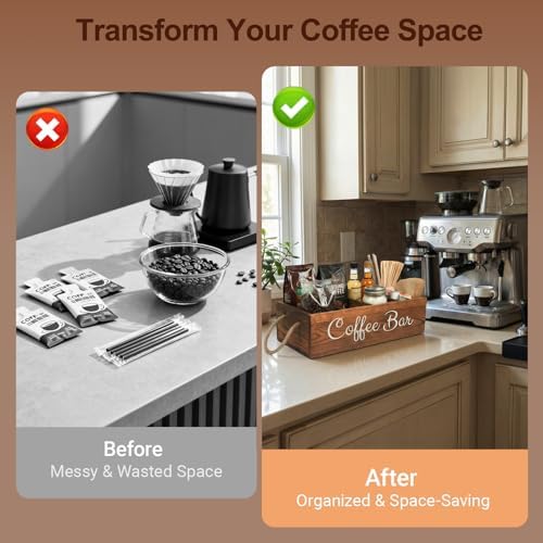 Coffee Station Organizer with Small Removable Dividers, Wooden Coffee Bar Accessories Storage For Countertop, Farmhouse Kcup Coffee Pod Holder Basket With Handle For Coffee Lover