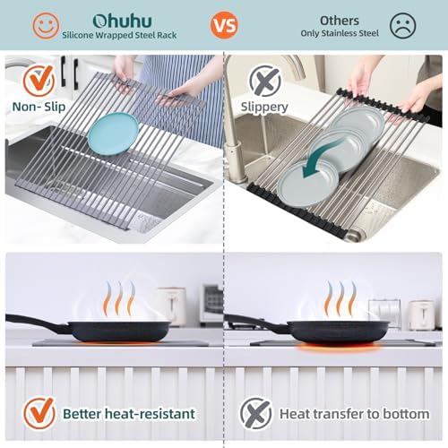 Over Sink Dish Drying Rack Silicone Wrapped 17.6" W x 15.4" L Large Over the Sink Roll Up Dish Drainer - Foldable Sink Drying Rack Rolling Drain Mats Anti-Slip Multipurpose for Kitchen Counter