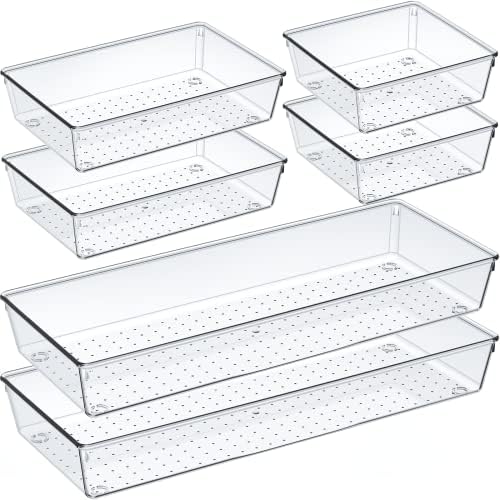 6 Pcs Large Size Clear Drawer Organizer Set, Acrylic Non Slip Non Cracking Kitchen Drawer Storage Tray Divider, Multifunctional Storage for Cosmetics, Bathroom, Tools, Kitchen and Office