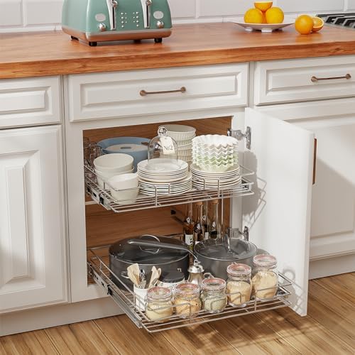 Slide Out Cabinet Organizer for Kitchen, 2 Tier Pull Out Shelves Sliding Cabinet Organizer and Storage, Chrome (16.5" W x 20.5" D)