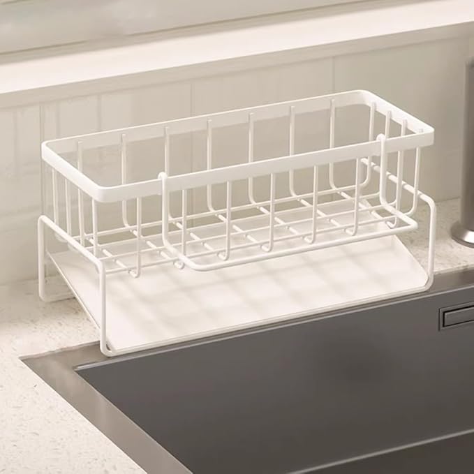 Sink Caddy Kitchen Sink Organizer, Sponge Holder for Kitchen Countertop for Dish Brush Gloves, Dish Cloth Hanger, Rustproof Kitchen Caddy with Drip Tray (White)