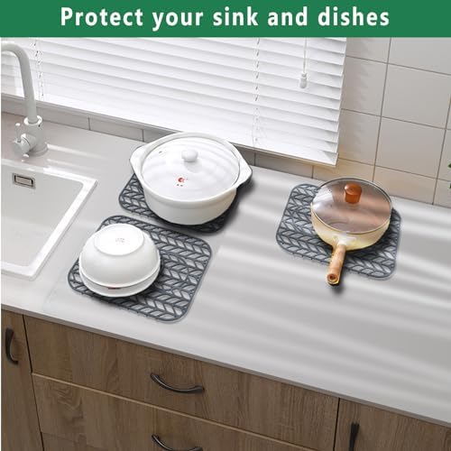 Sink Protectors for Kitchen sink, 13 5/8" x 11 5/8" Folding Non-slip Silicone Sink Mat Grid for Bottom of Farmhouse Stainless Steel Porcelain with 3 Reserved Holes Pack of 2
