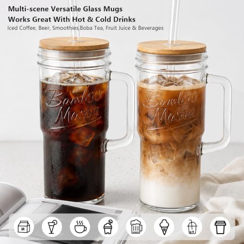 Glass Cups With Lids And Straws, Leakproof Tumbler 24oz Mason Jar Coffee Cup, Cap Cup Leak-Proof with Straw, Reusable Iced Coffee Smoothie Matcha Cup Aesthetic Coffee Gifts Women 2pc
