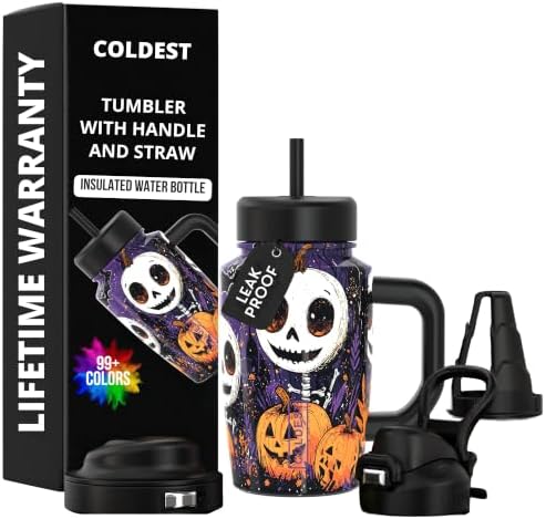 Coldest Tumbler with Handle & Coffee Lid - 100% Spill Proof Tumbler (3 Lids) - Stainless Steel Insulated Leakproof Tumblers for Women & Men - Cup Holder Friendly - 15 oz (Dealthy Pumkin Heads) by Coldest
