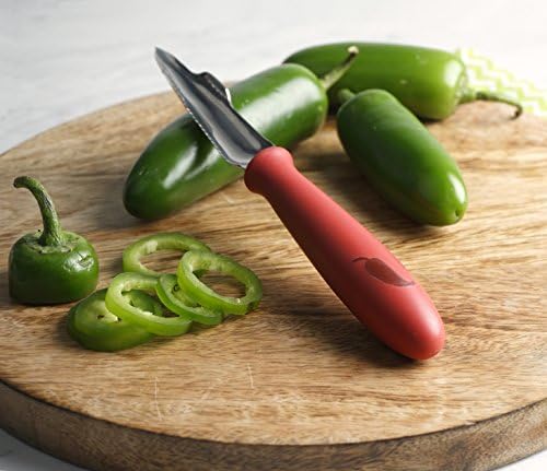 Endurance Collection Vegetable Core & Seed Remover, Tomato, Zucchini, Jalapeno Pepper Corer Tool, Dishwasher Safe, 8.25" Overall Length, Stainless Steel Blade, Red Handle