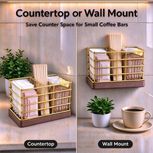 No-Drill Wall Mount Metal Sugar Packet Holder for Coffee Bar, Gold