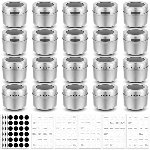 20 Pack Magnetic Spice Jars, Magnetic Spice Containers for Refrigerator, Seasoning Tins with Clear Top Lid, 240 PVC Spice Label Set