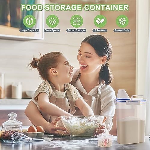 2 Pcs 5.5Lbs Rice Storage Container, Rice Container with Measuring Cup & Pour Spout, Kitchen Plastic Airtight Container for Cereal, Grain, Flour, Sugar, Oatmeal, Dry Pet Dog Food